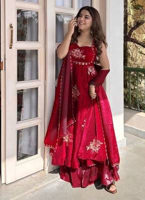 Maroon Fendy Silk Flared Gown Sharara Set with Sequence Embroidery & Dupatta 4
