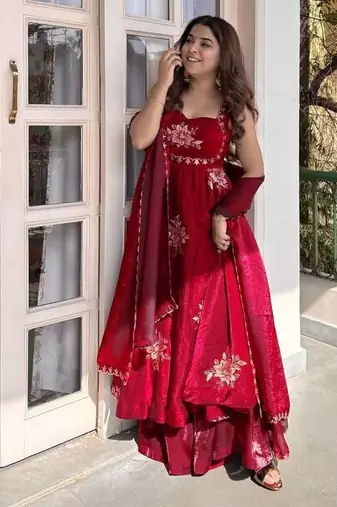 Maroon Fendy Silk Flared Gown Sharara Set with Sequence Embroidery & Dupatta