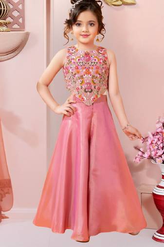 girls art silk embroidered pink kurta sharara & dupatta set