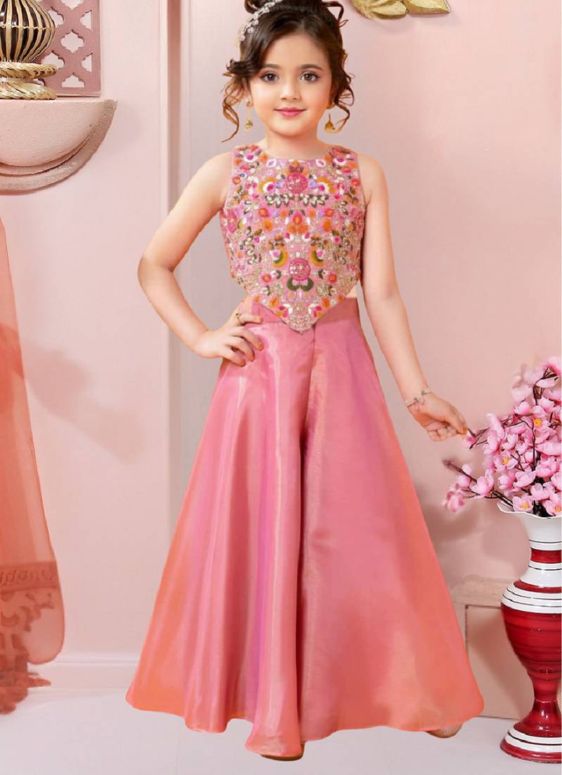 girls art silk embroidered pink kurta sharara & dupatta set