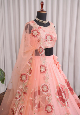 Peach Chinon Silk Floral Embroidered Lehenga Choli with Dupatta for Women | Festive Wedding We 4