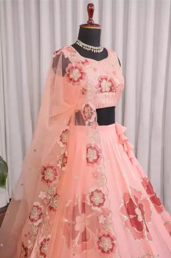 Peach Chinon Silk Floral Embroidered Lehenga Choli with Dupatta for Women | Festive Wedding We