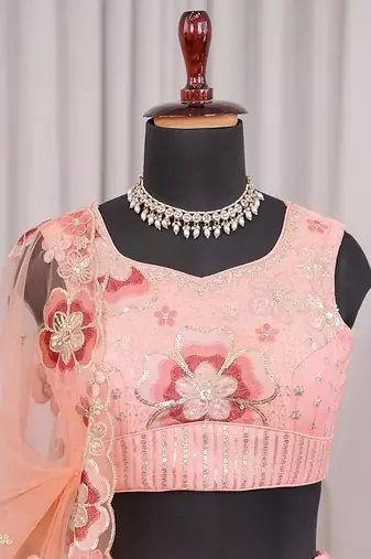 Peach Chinon Silk Floral Embroidered Lehenga Choli with Dupatta for Women | Festive Wedding We