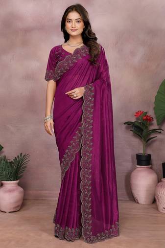 Magenta lycra swarovkshi work saree with matching blouse piece