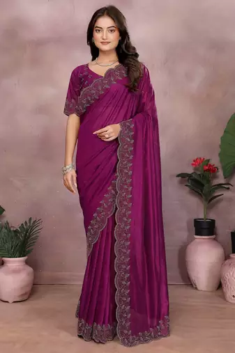Magenta lycra swarovkshi work saree with matching blouse piece