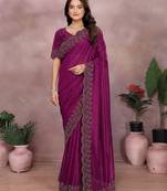 Magenta lycra swarovkshi work saree with matching blouse piece