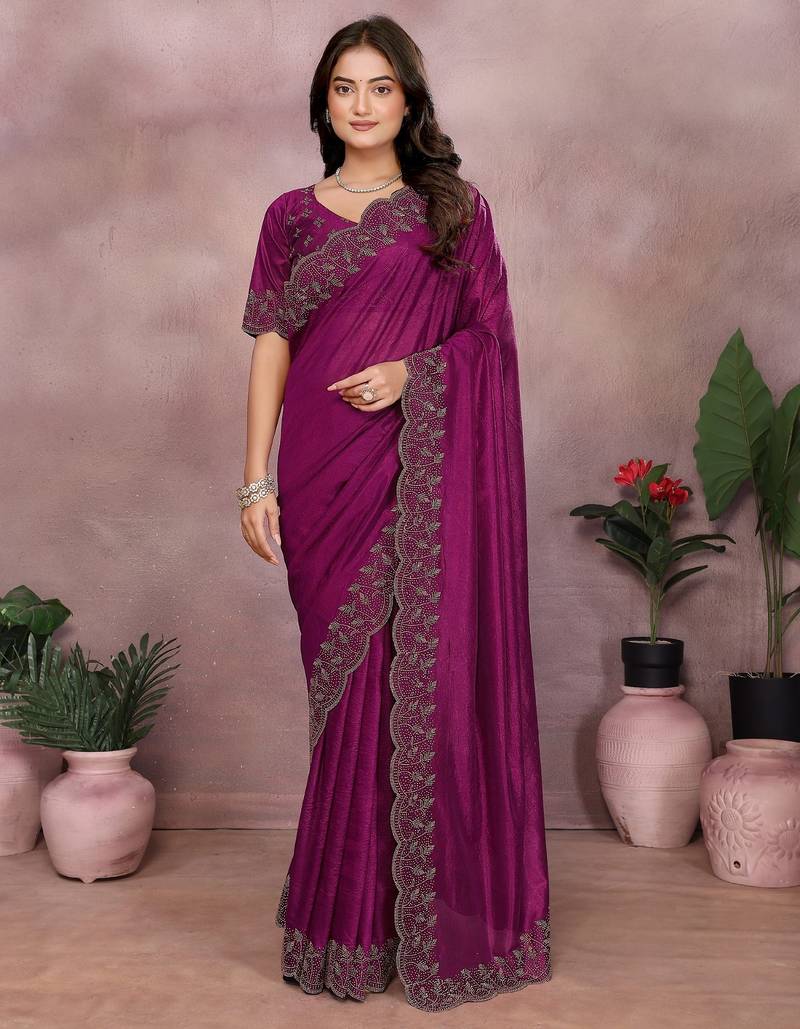 Magenta lycra swarovkshi work saree with matching blouse piece