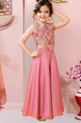 girls art silk embroidered pink kurta sharara & dupatta set