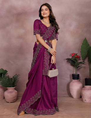Magenta lycra swarovkshi work saree with matching blouse piece 4