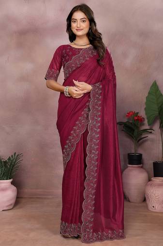 Maroon lycra swarovkshi work saree with matching blouse piece