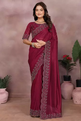 Maroon lycra swarovkshi work saree with matching blouse piece
