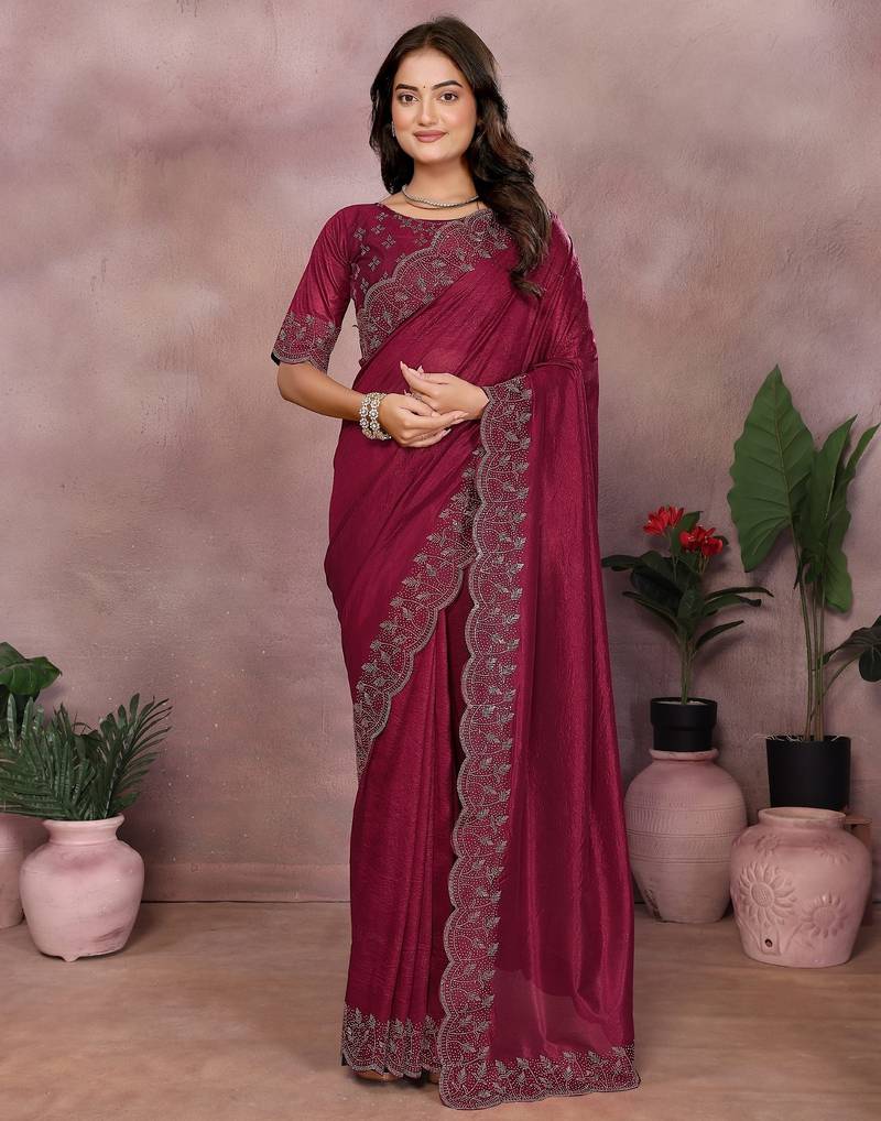 Maroon lycra swarovkshi work saree with matching blouse piece