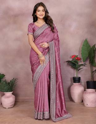 Pink vichitra silk embroidery work saree with matching blouse piece 1