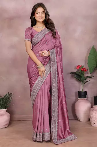 Pink vichitra silk embroidery work saree with matching blouse piece