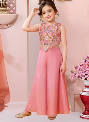 girls art silk embroidered pink kurta sharara & dupatta set 3