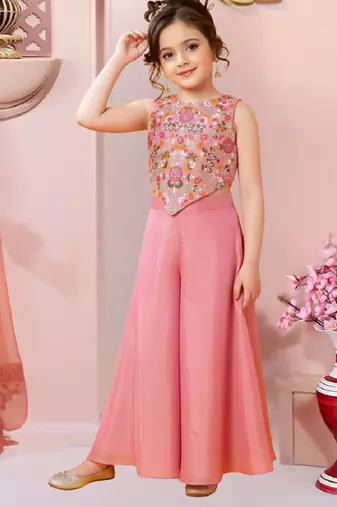 girls art silk embroidered pink kurta sharara & dupatta set