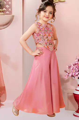girls art silk embroidered pink kurta sharara & dupatta set