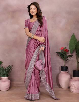 Pink vichitra silk embroidery work saree with matching blouse piece 4