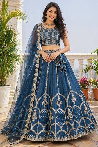 Navy Blue Fentam Silk Embroidered Lehenga Choli with Dupatta for Women | Festive Wedding Wear