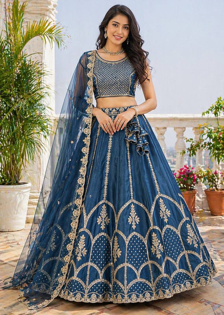 Navy Blue Fentam Silk Embroidered Lehenga Choli with Dupatta for Women | Festive Wedding Wear