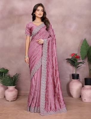 Pink vichitra silk embroidery work saree with matching blouse piece 1