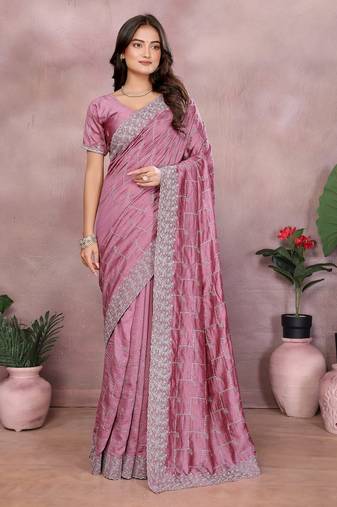 Pink vichitra silk embroidery work saree with matching blouse piece