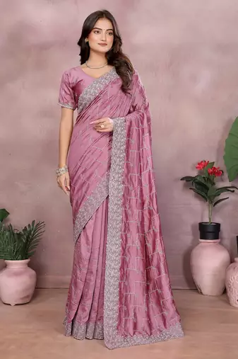 Pink vichitra silk embroidery work saree with matching blouse piece