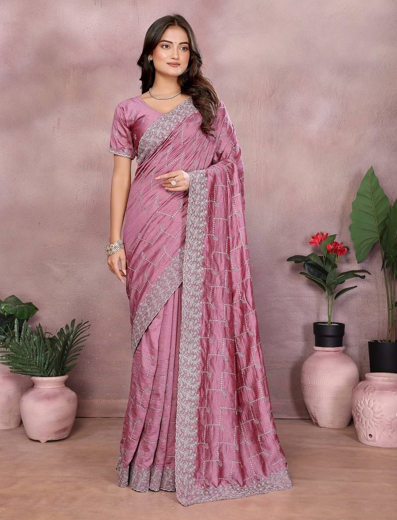 Pink vichitra silk embroidery work saree with matching blouse piece