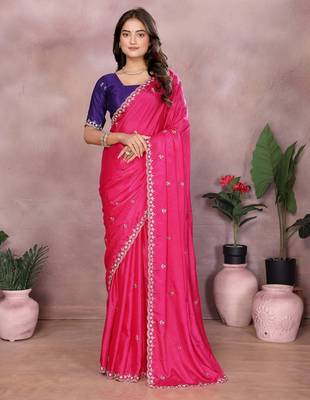 Pink chinon silk embroidery work saree with contrast blouse piece 1