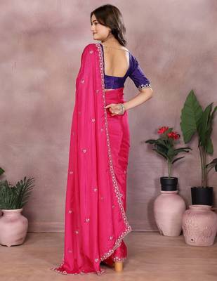 Pink chinon silk embroidery work saree with contrast blouse piece 2