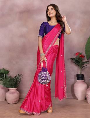 Pink chinon silk embroidery work saree with contrast blouse piece 4