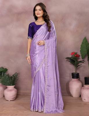 Lavender chinon silk embroidery work saree with contrast blouse piece 1