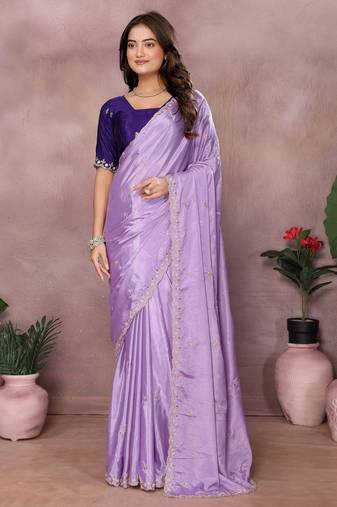 Lavender chinon silk embroidery work saree with contrast blouse piece