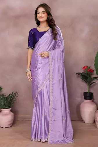 Lavender chinon silk embroidery work saree with contrast blouse piece