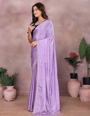 Lavender chinon silk embroidery work saree with contrast blouse piece 3