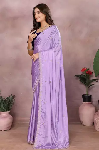 Lavender chinon silk embroidery work saree with contrast blouse piece