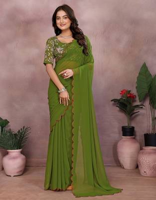 Green georgette solid saree with embroidery work blouse piece 1