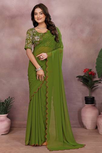 Green georgette solid saree with embroidery work blouse piece