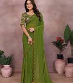 Green georgette solid saree with embroidery work blouse piece