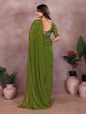 Green georgette solid saree with embroidery work blouse piece 2