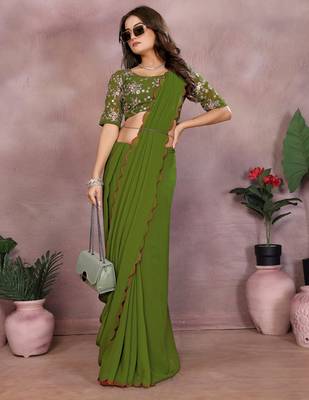 Green georgette solid saree with embroidery work blouse piece 4