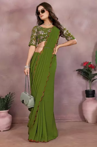Green georgette solid saree with embroidery work blouse piece