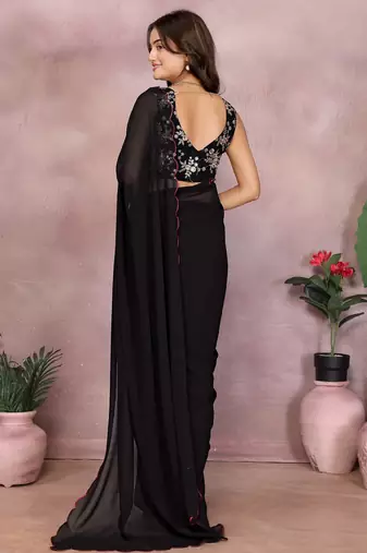 Black georgette solid saree with embroidery work blouse piece