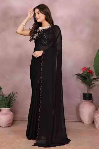 Black georgette solid saree with embroidery work blouse piece