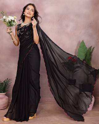 Black georgette solid saree with embroidery work blouse piece 4