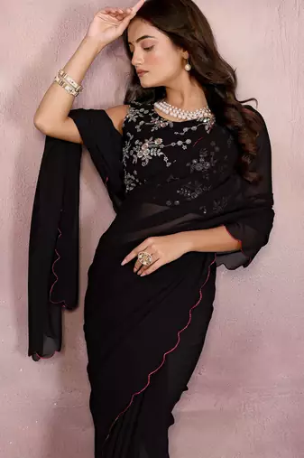 Black georgette solid saree with embroidery work blouse piece