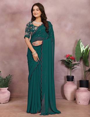 Teal georgette solid saree with embroidery work blouse piece 1