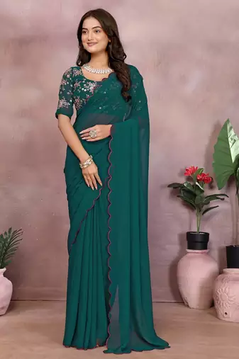 Teal georgette solid saree with embroidery work blouse piece
