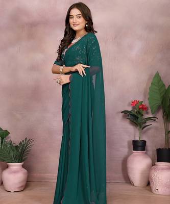 Teal georgette solid saree with embroidery work blouse piece 3