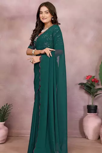 Teal georgette solid saree with embroidery work blouse piece